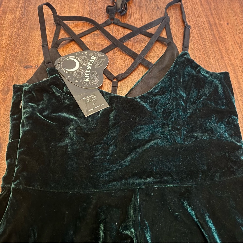 Killstar Strappy Velvet Mini Dress in Dark Green - Picture 4 of 11